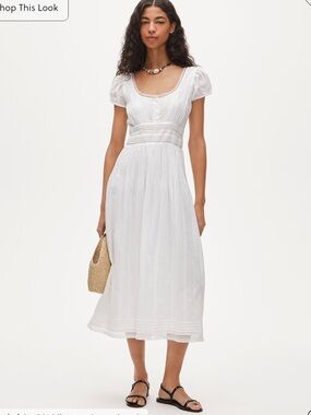 Lace-trim pintuck midi dress in cotton dobby